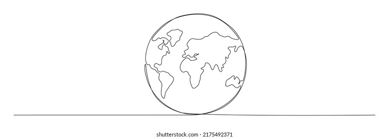 Earth globe continuous line art drawing. World map contour drawn symbol. Vector illustration isolated on white.
