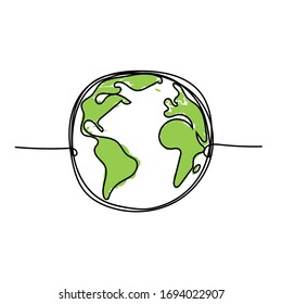 Earth globe Continuous line drawing isolated on white. Concept for greeting card, banner, poster, flyer. Abstract green planet vector illustration