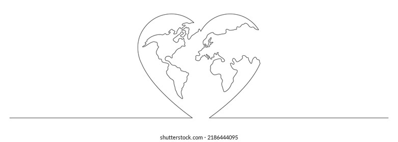 Dibujo continuo de la línea del globo terrestre de la forma del corazón. El mundo del amor mapea una línea de arte. Ilustración vectorial aislada en blanco.