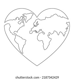 Dibujo continuo de la línea del globo terrestre de la forma del corazón. El mundo del amor mapea una línea de arte. Ilustración vectorial aislada en blanco.