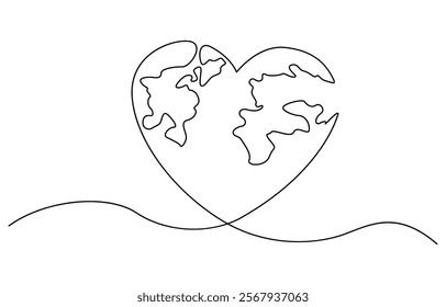 Earth globe continuous line drawing of the heart shape. Love world map one line art. Earth as heart one line continuous. Earth as heart line art. Hand drawn vector art.