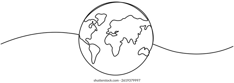 Earth globe continuous line drawing symbol. World map one line art. Vector illustration isolated on white background.