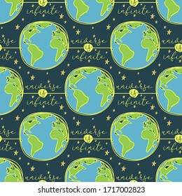 Planeta Tierra Línea continua sin problemas. Símbolo de planeta verde de arte en color azul cosmos de fondo textil impresión. Decoración vintage de la habitación de bebé adorno infinito universo estrella amarilla. Ilustración del vector