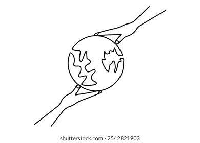Earth globe continuous one line hand drawing of hand holding simple vector icon