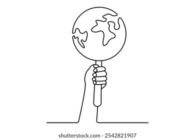 Earth globe continuous one line hand drawing of hand holding simple vector icon