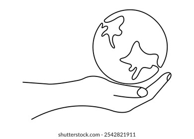 Earth globe continuous one line hand drawing of hand holding simple vector icon