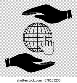 Earth Globe with coursor. Save or protect symbol by hands.