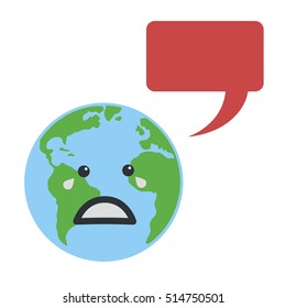 Earth globe crying with blank speech bubble. Isolated on white background. Flat planet icon. Vector illustration.