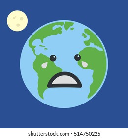 Earth globe crying. Isolated on blue background. Flat planet icon. Vector illustration.