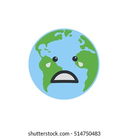 Earth globe crying. Isolated on white background. Flat planet icon. Vector illustration.