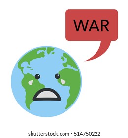 Earth globe crying with speech bubble WAR. Isolated on white background. Flat planet icon. Vector illustration.