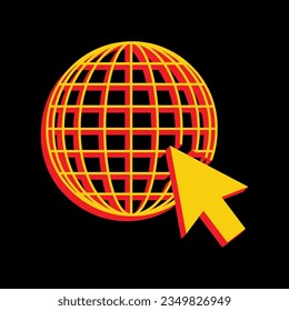 Earth Globe with cursor. 3D Extruded Yellow Icon with Red Sides a Black background. Illustration.