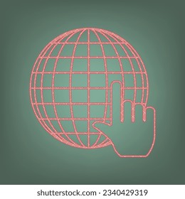Earth Globe mit Cursor. Apricot Icon mit Brick Red Parkett-Grafik Muster auf Ebony Hintergrund. Feldgrau. Grün. Illustration.