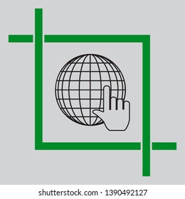 Earth Globe with cursor. Black icon inside green crop tool at light gray background