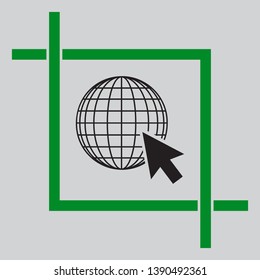 Earth Globe with cursor. Black icon inside green crop tool at light gray background