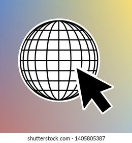 Earth Globe with cursor. Black icon in white shell at pastel color background. Illustration.