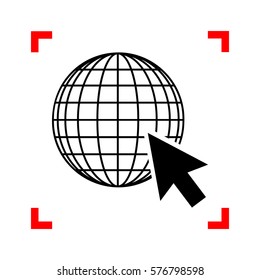 Earth Globe with cursor. Black icon in focus corners on white background. Isolated.