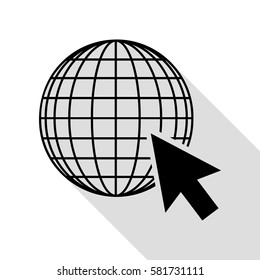 Earth Globe with cursor. Black icon with flat style shadow path.