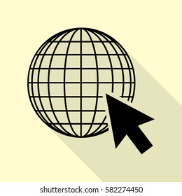 Earth Globe with cursor. Black icon with flat style shadow path on cream background.