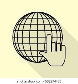 Earth Globe with cursor. Black icon with flat style shadow path on cream background.