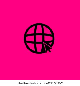 Earth Globe with cursor. Black icon on pink background