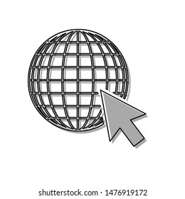 Earth Globe with cursor. Black line icon with gray shifted flat filled icon on white background. Illustration.