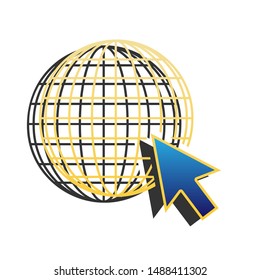 Earth Globe with cursor. Blue icon with gold contour with dark gray shadow at white background. Illustration.