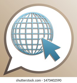 Earth Globe with cursor. Bright cerulean icon in white speech balloon at pale taupe background. Illustration.