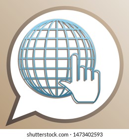 Earth Globe with cursor. Bright cerulean icon in white speech balloon at pale taupe background. Illustration.