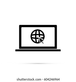 Earth Globe with cursor, computer icon. Black icon