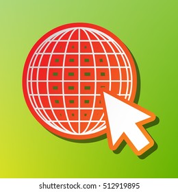 Earth Globe with cursor. Contrast icon with reddish stroke on green backgound.