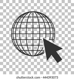 Earth Globe with cursor. Dark gray icon on transparent background.