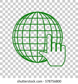 Earth Globe with cursor. Dark green icon on transparent background.