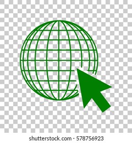 Earth Globe with cursor. Dark green icon on transparent background.