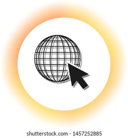 Earth Globe with cursor. Dark icon with shadow on the glowing circle button. Illustration.