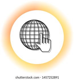 Earth Globe with cursor. Dark icon with shadow on the glowing circle button. Illustration.