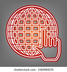 Earth Globe with cursor. Flat red icon with linear white icon with gray shadow at grayish background. Illustration.