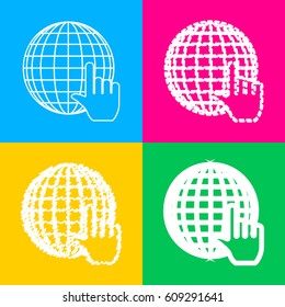 Earth Globe with cursor. Four styles of icon on four color squares.