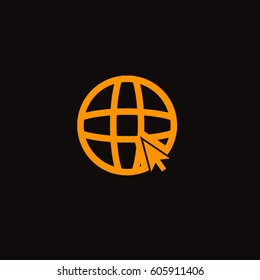 Earth Globe with cursor. Go to web. Orange icon on black background