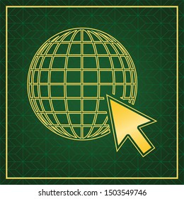 Earth Globe with cursor. Golden icon with gold contour at dark green gridded white background. Illustration.