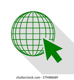 Earth Globe with cursor. Green icon with flat style shadow path.
