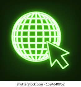 Earth Globe with cursor. Green neon icon in the dark. Blurred lightening. Illustration.