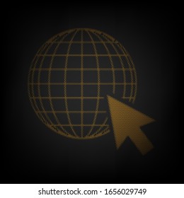 Earth Globe with cursor. Icon as grid of small orange light bulb in darkness. Illustration.