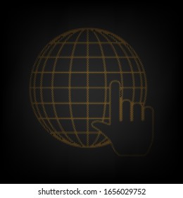 Earth Globe with cursor. Icon as grid of small orange light bulb in darkness. Illustration.