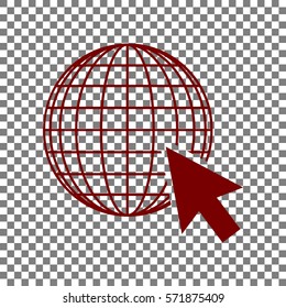 Earth Globe with cursor. Maroon icon on transparent background.