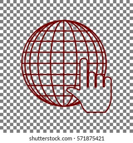 Earth Globe with cursor. Maroon icon on transparent background.