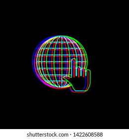 Earth Globe with cursor. Red, green and blue unfocused contour icon at black background. Illustration.