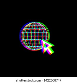 Earth Globe with cursor. Red, green and blue unfocused contour icon at black background. Illustration.