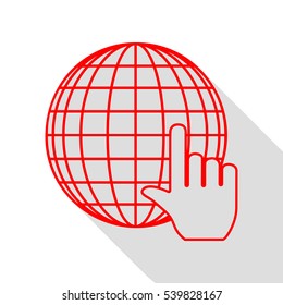 Earth Globe with cursor. Red icon with flat style shadow path.
