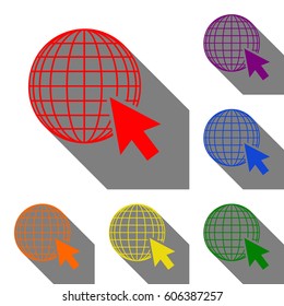 Earth Globe with cursor. Set of red, orange, yellow, green, blue and violet icons at white background with flat shadow.
